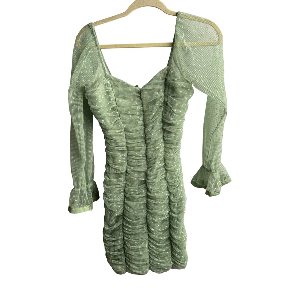 Pastel Green Ruched Mesh Bodycon Mini Dress S Sweetheart Sheer Regency Coquette
